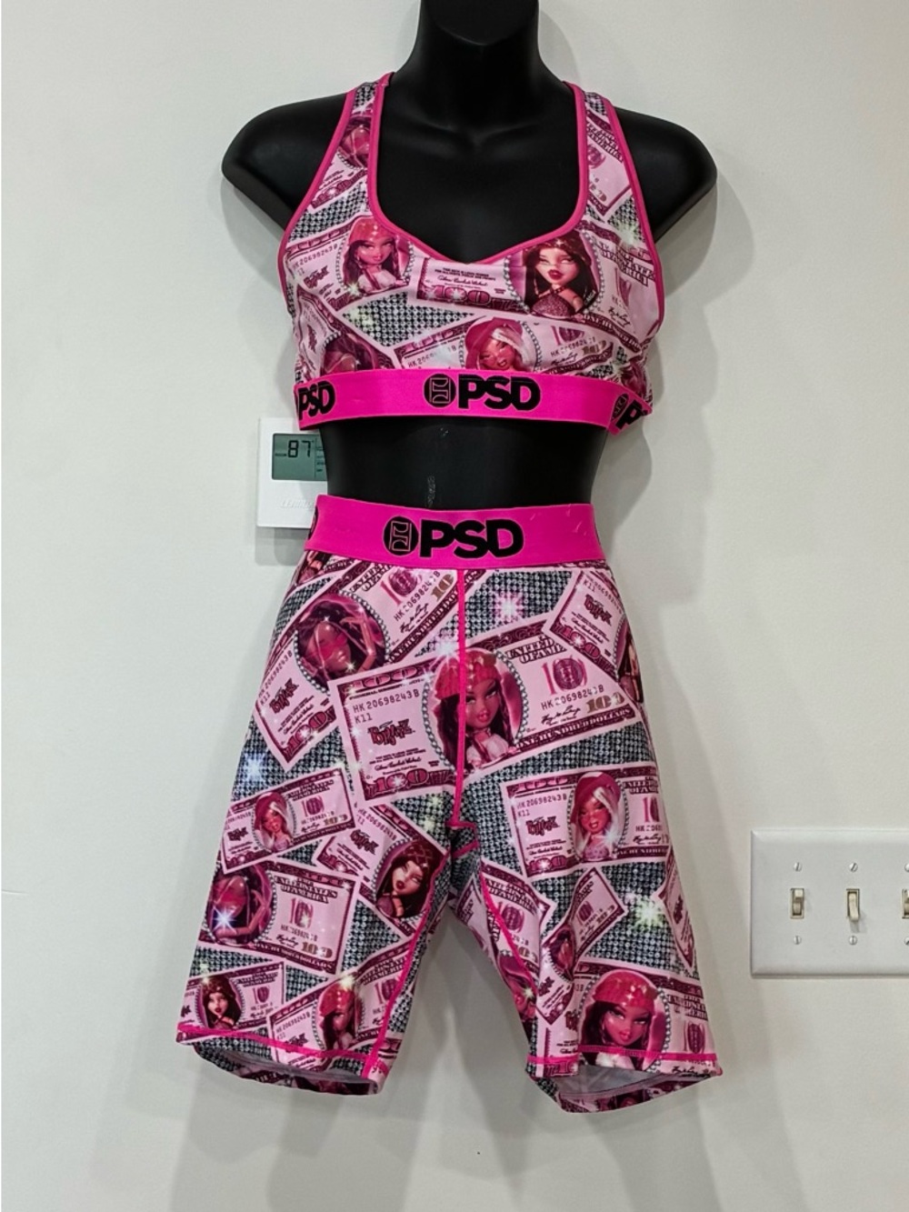 PSD Hot Pink Bratz Money Print Sports Bra & Biker Shorts Set